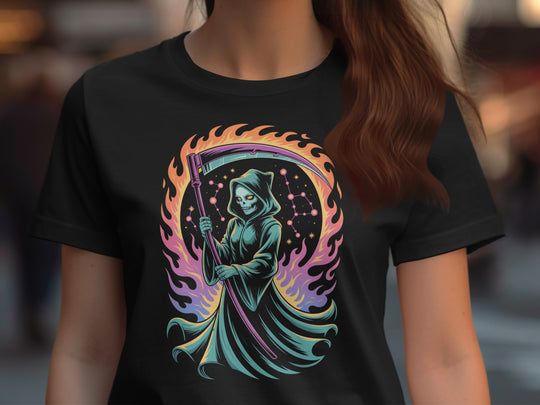 Halloween T-Shirt for Women with cosmic grim reaper and neon flames graphic