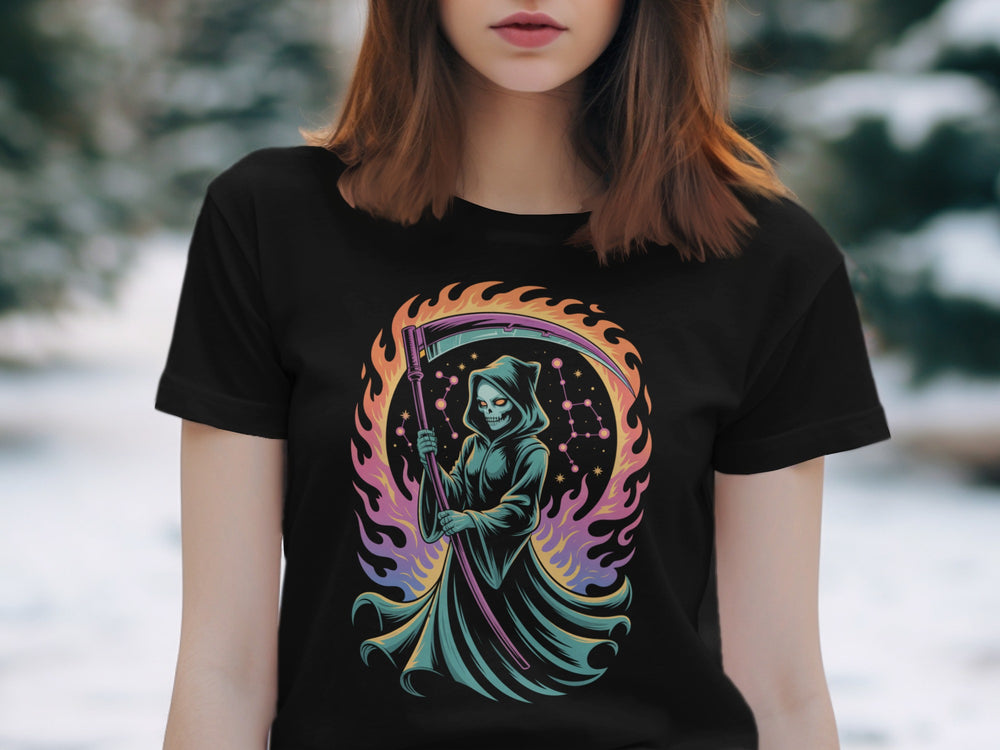 Halloween T-Shirt for Women with cosmic grim reaper and neon flames graphic