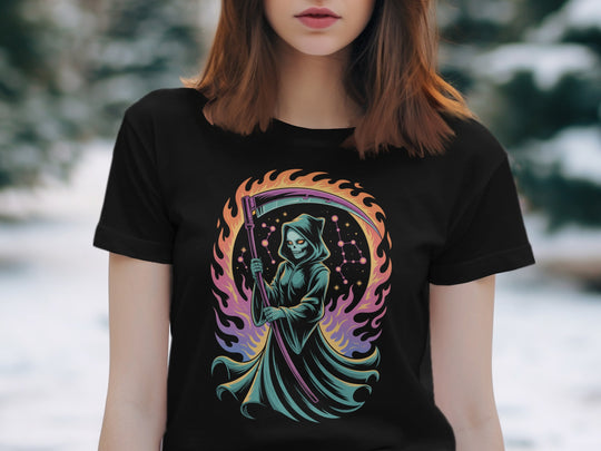 Halloween T-Shirt for Women with cosmic grim reaper and neon flames graphic