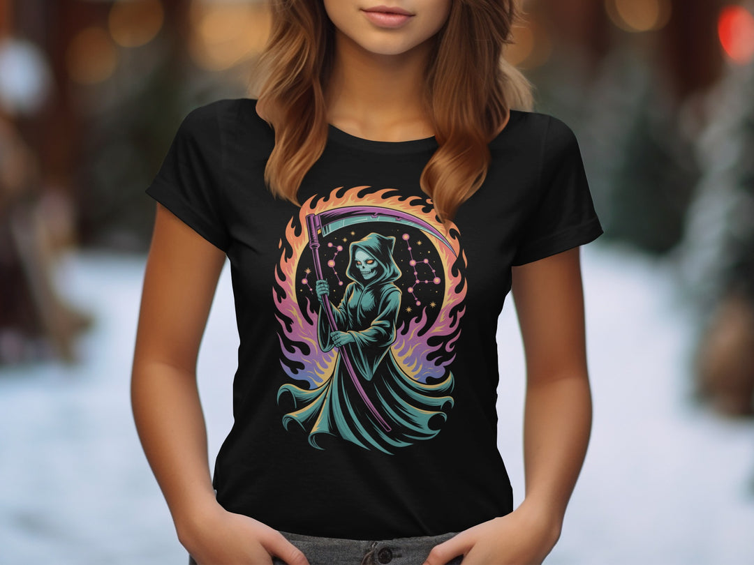 Halloween T-Shirt for Women with cosmic grim reaper and neon flames graphic