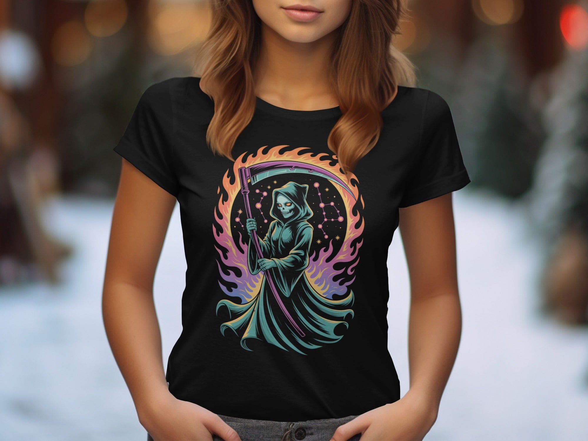 Halloween T-Shirt for Women with cosmic grim reaper and neon flames graphic
