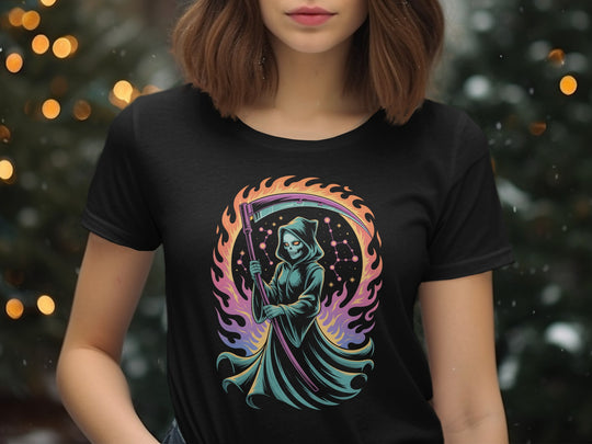 Halloween T-Shirt for Women with cosmic grim reaper and neon flames graphic