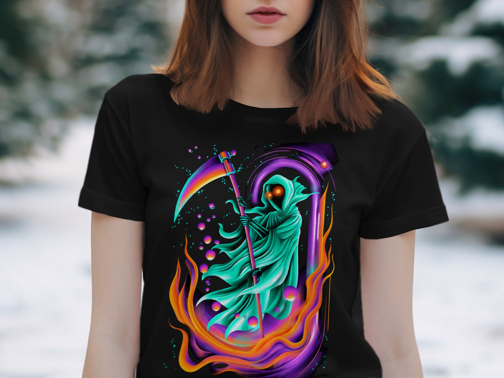 Halloween T-Shirt for Women with neon portal reaper and rainbow scythe graphic