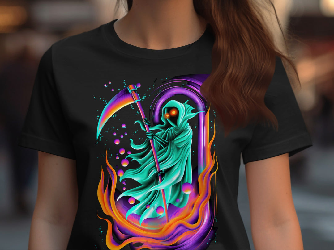 Halloween T-Shirt for Women with neon portal reaper and rainbow scythe graphic