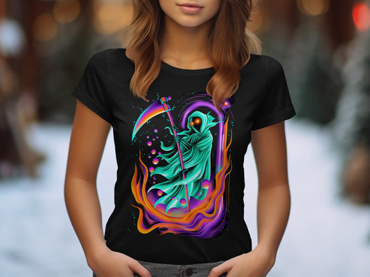 Halloween T-Shirt for Women with neon portal reaper and rainbow scythe graphic