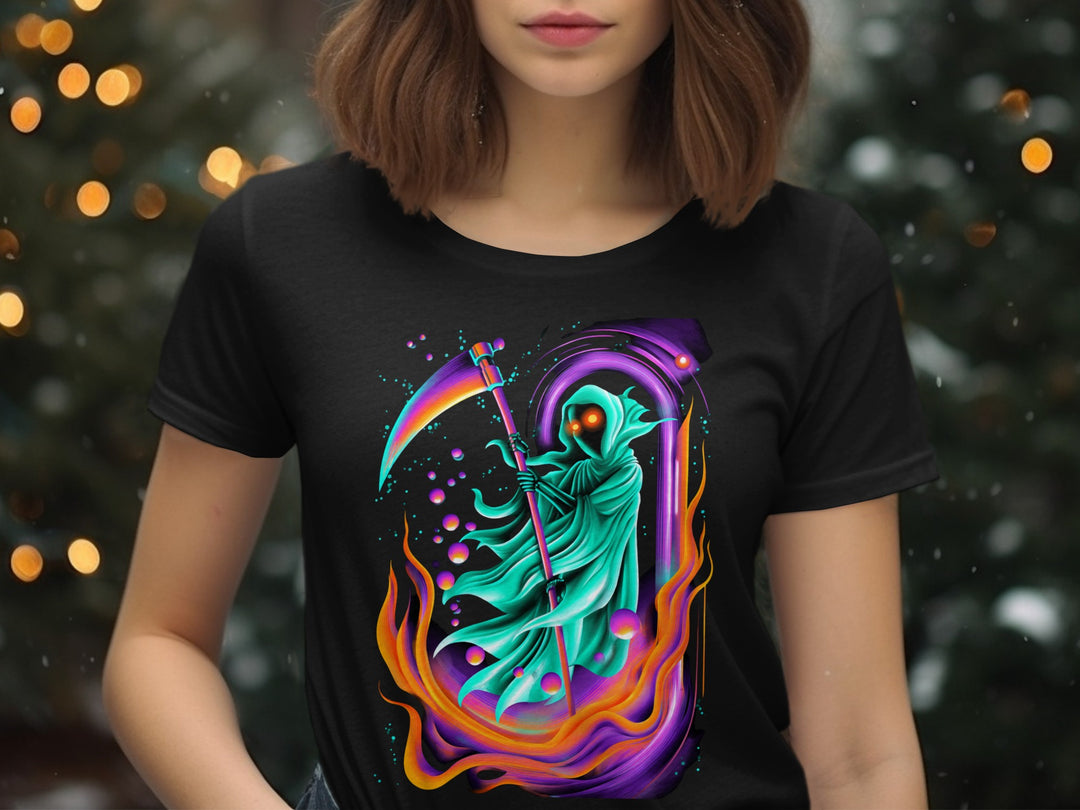 Halloween T-Shirt for Women with neon portal reaper and rainbow scythe graphic