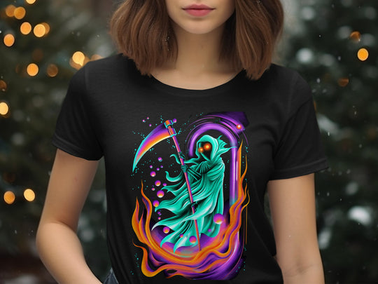 Halloween T-Shirt for Women with neon portal reaper and rainbow scythe graphic