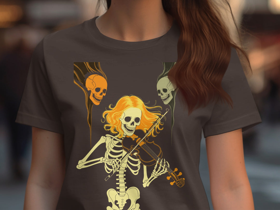 Halloween T-Shirt for Women with golden-haired skeleton violinist graphic