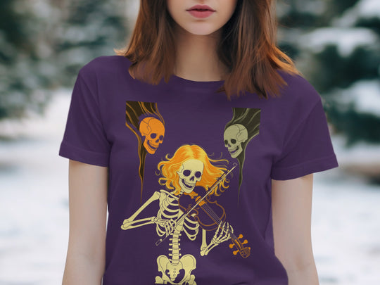 Halloween T-Shirt for Women with golden-haired skeleton violinist graphic
