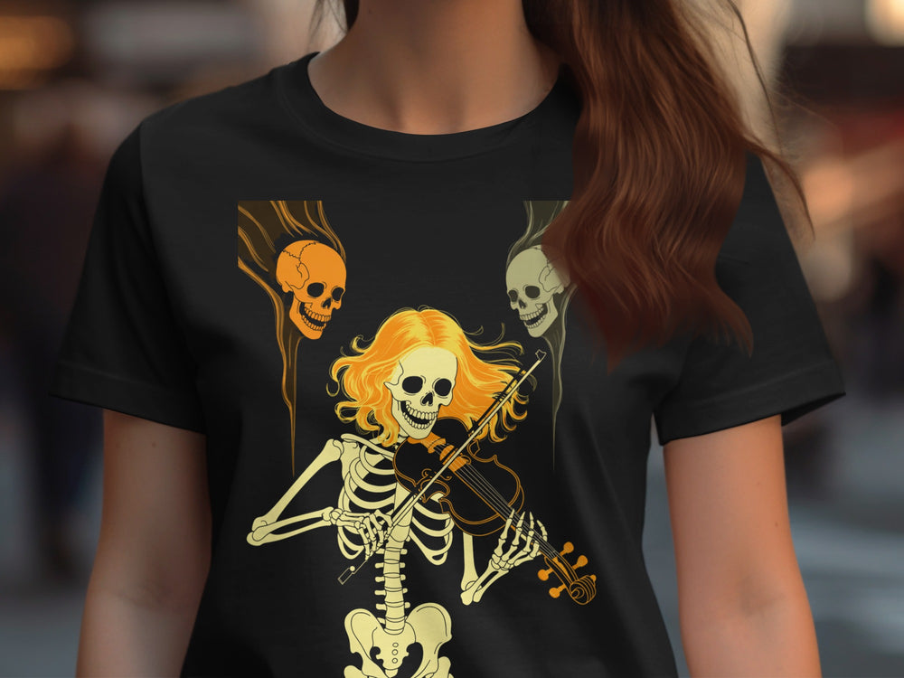 Halloween T-Shirt for Women with golden-haired skeleton violinist graphic