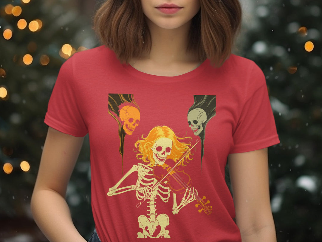 Halloween T-Shirt for Women with golden-haired skeleton violinist graphic