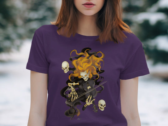 Halloween T-Shirt for Women with fiery skeleton violinist and floating skulls graphic