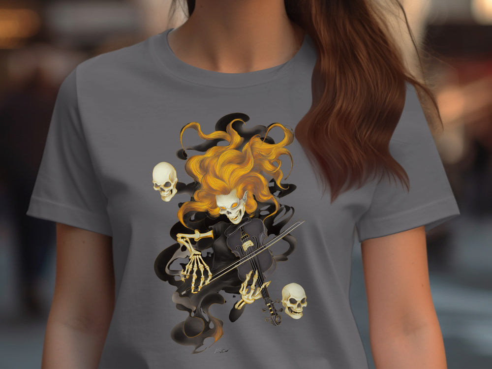 Halloween T-Shirt for Women with fiery skeleton violinist and floating skulls graphic