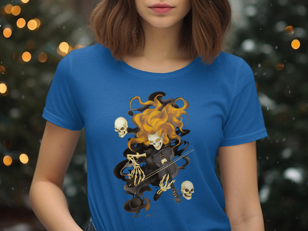 Halloween T-Shirt for Women with fiery skeleton violinist and floating skulls graphic
