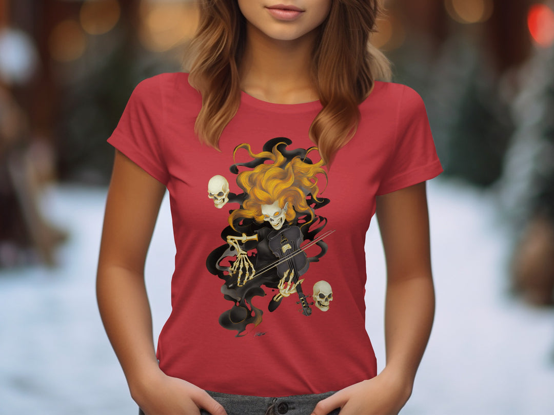 Halloween T-Shirt for Women with fiery skeleton violinist and floating skulls graphic
