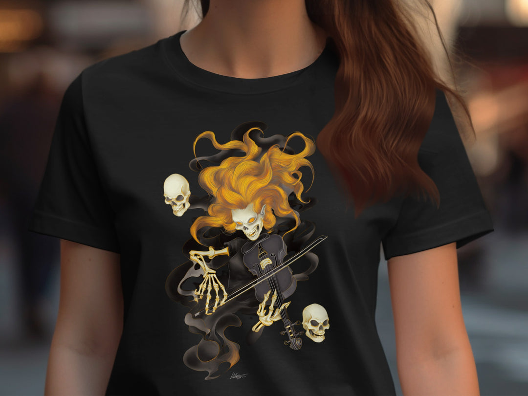 Halloween T-Shirt for Women with fiery skeleton violinist and floating skulls graphic