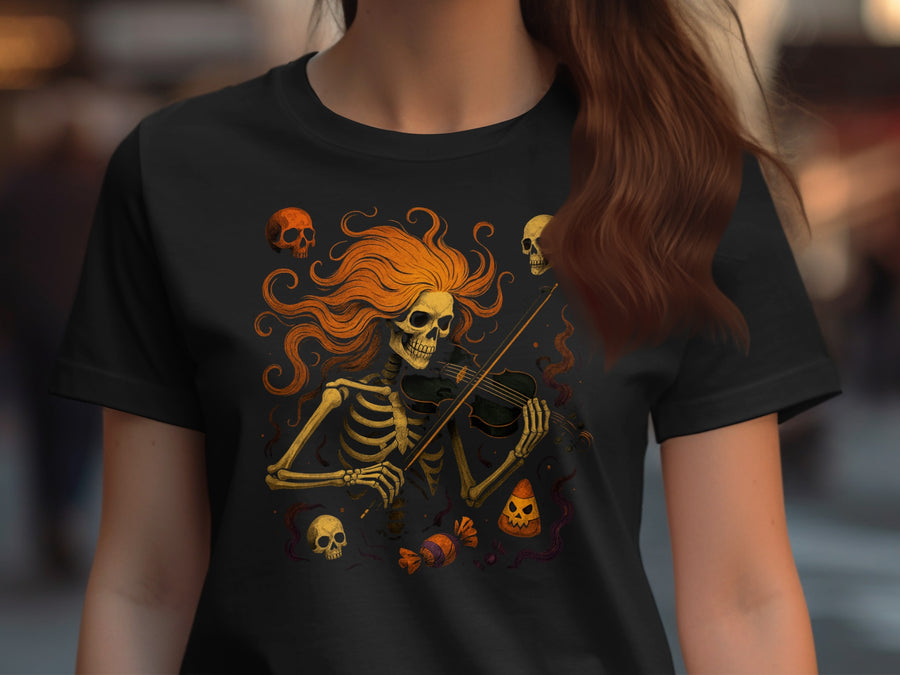 Halloween T-Shirt for Women with skeleton violinist and candy-corn graphic