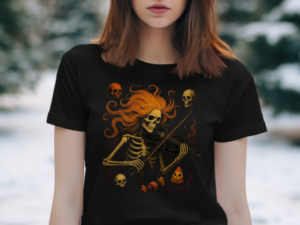 Halloween T-Shirt for Women with skeleton violinist and candy-corn graphic