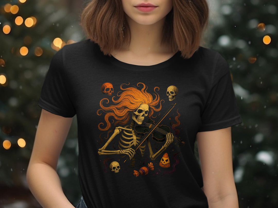 Halloween T-Shirt for Women with skeleton violinist and candy-corn graphic