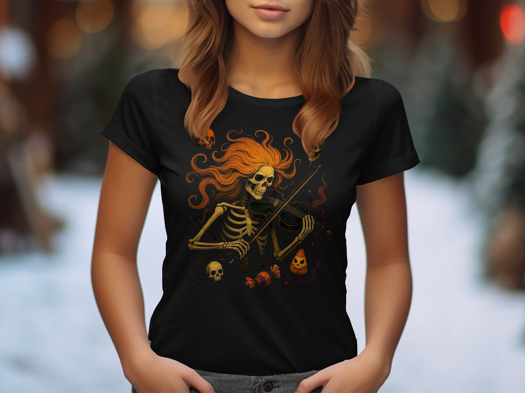 Halloween T-Shirt for Women with skeleton violinist and candy-corn graphic