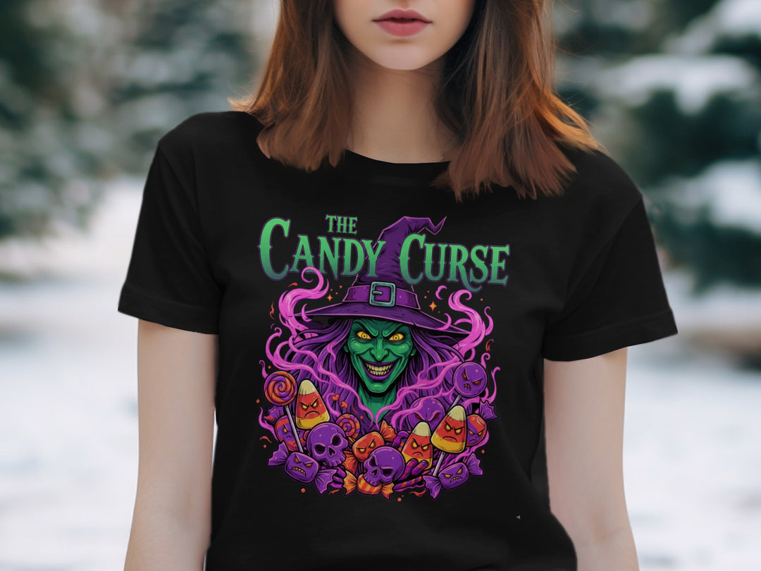 Halloween T-Shirt for Women with Candy Curse witch and spooky candy graphic