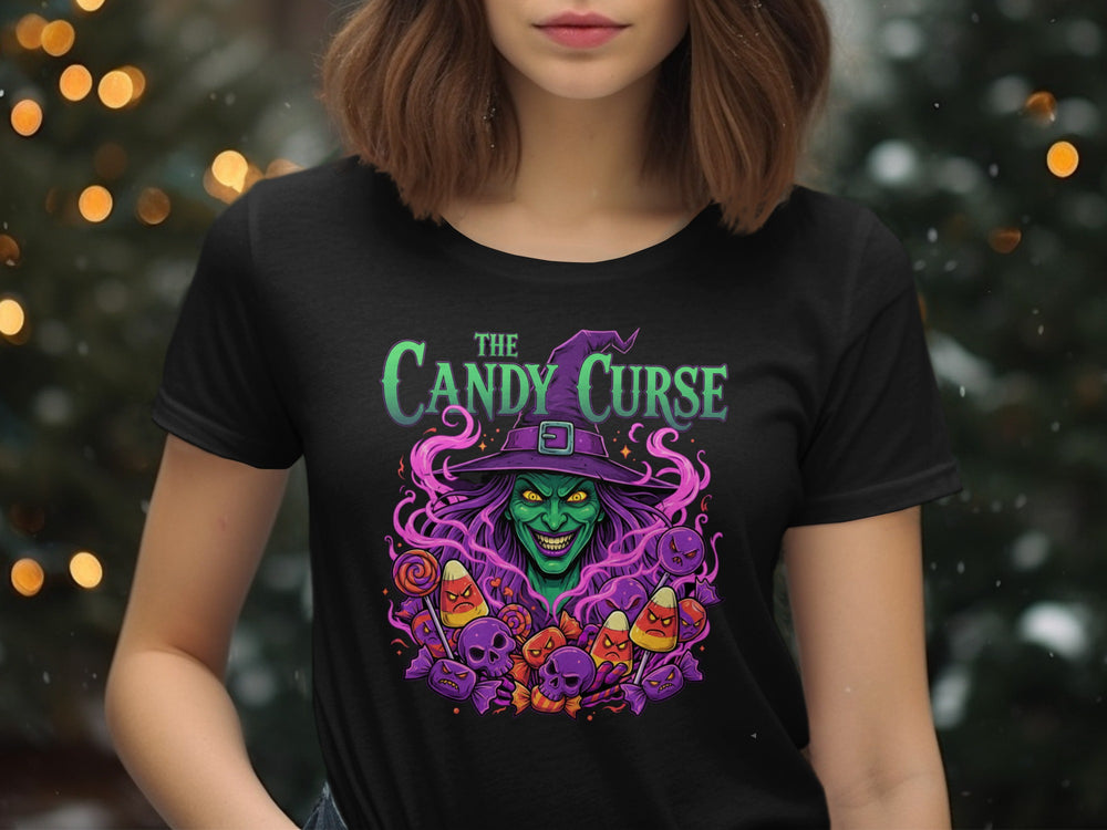 Halloween T-Shirt for Women with Candy Curse witch and spooky candy graphic