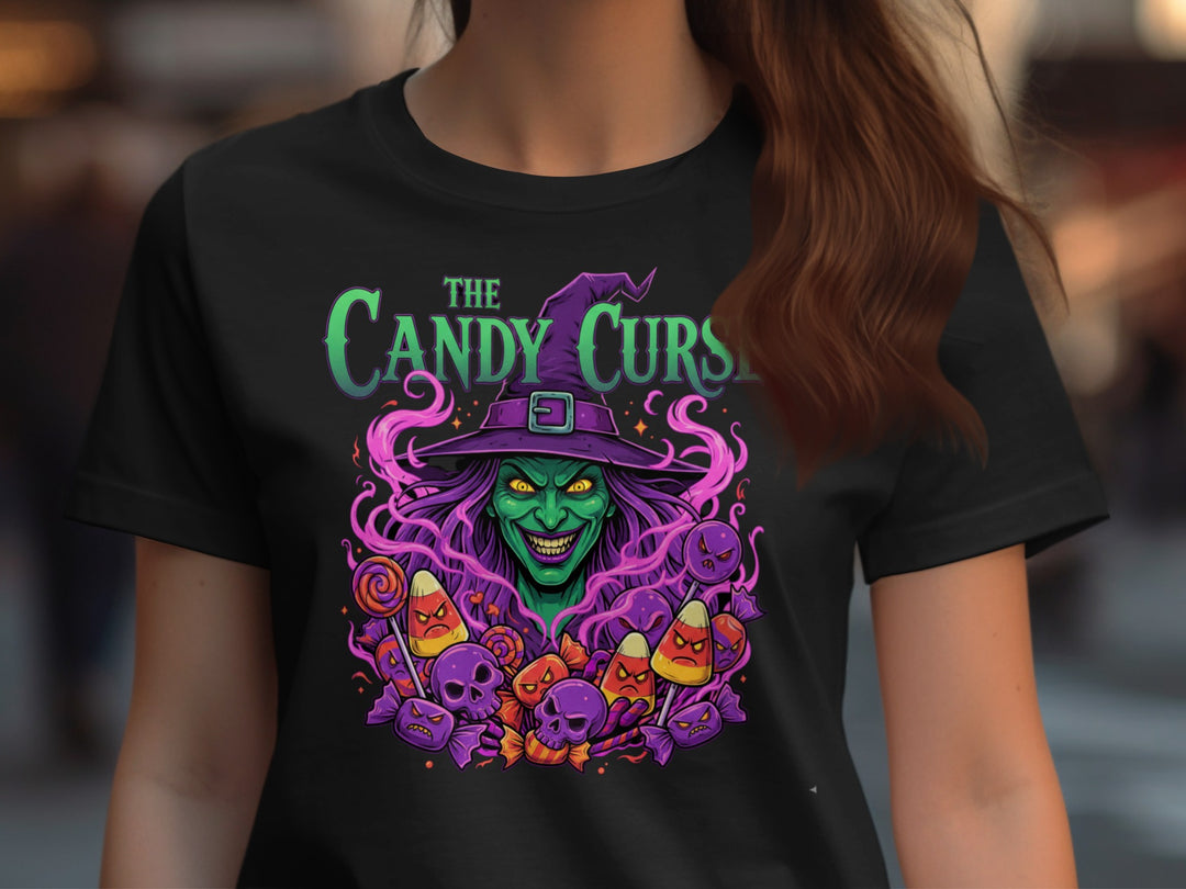Halloween T-Shirt for Women with Candy Curse witch and spooky candy graphic