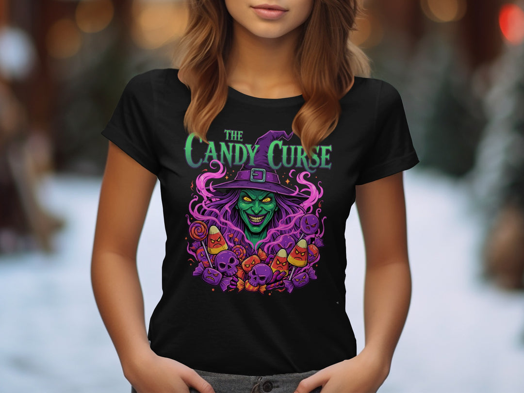 Halloween T-Shirt for Women with Candy Curse witch and spooky candy graphic