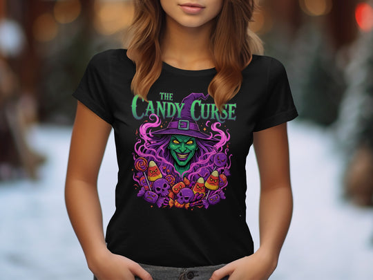 Halloween T-Shirt for Women with Candy Curse witch and spooky candy graphic