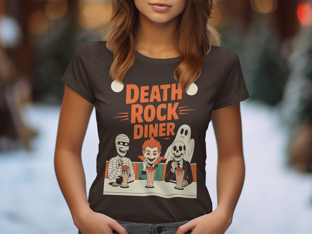Halloween T-Shirt for Women with Death Rock Diner retro monsters milkshake graphic