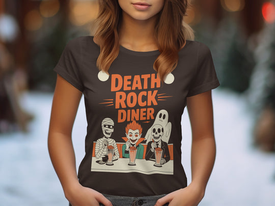 Halloween T-Shirt for Women with Death Rock Diner retro monsters milkshake graphic