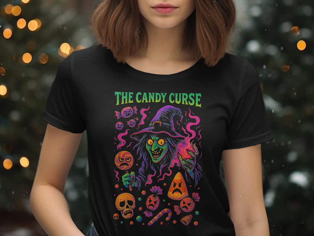 Halloween T-Shirt for Women with Candy Curse witch and cursed candy graphic