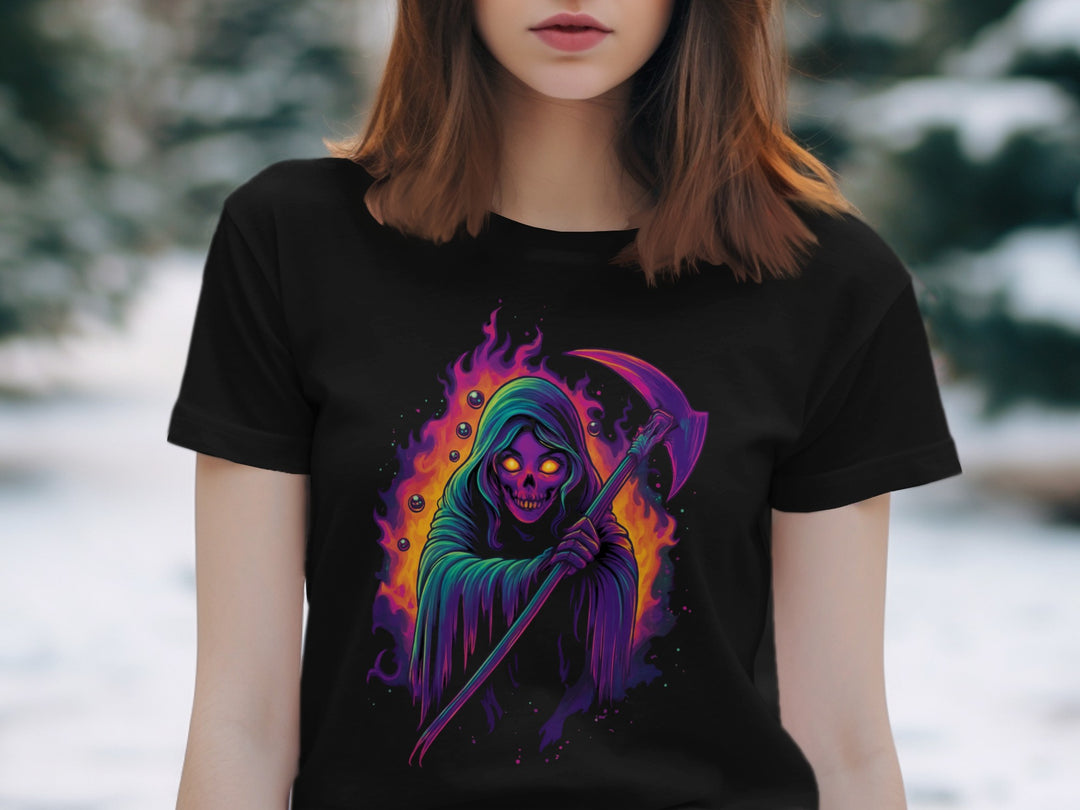 Halloween T-Shirt for Women with neon glow reaper and purple scythe graphic