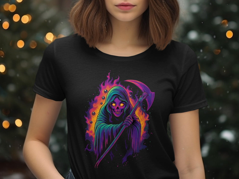 Halloween T-Shirt for Women with neon glow reaper and purple scythe graphic