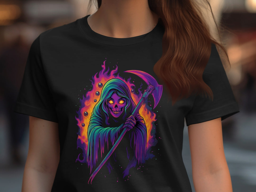 Halloween T-Shirt for Women with neon glow reaper and purple scythe graphic