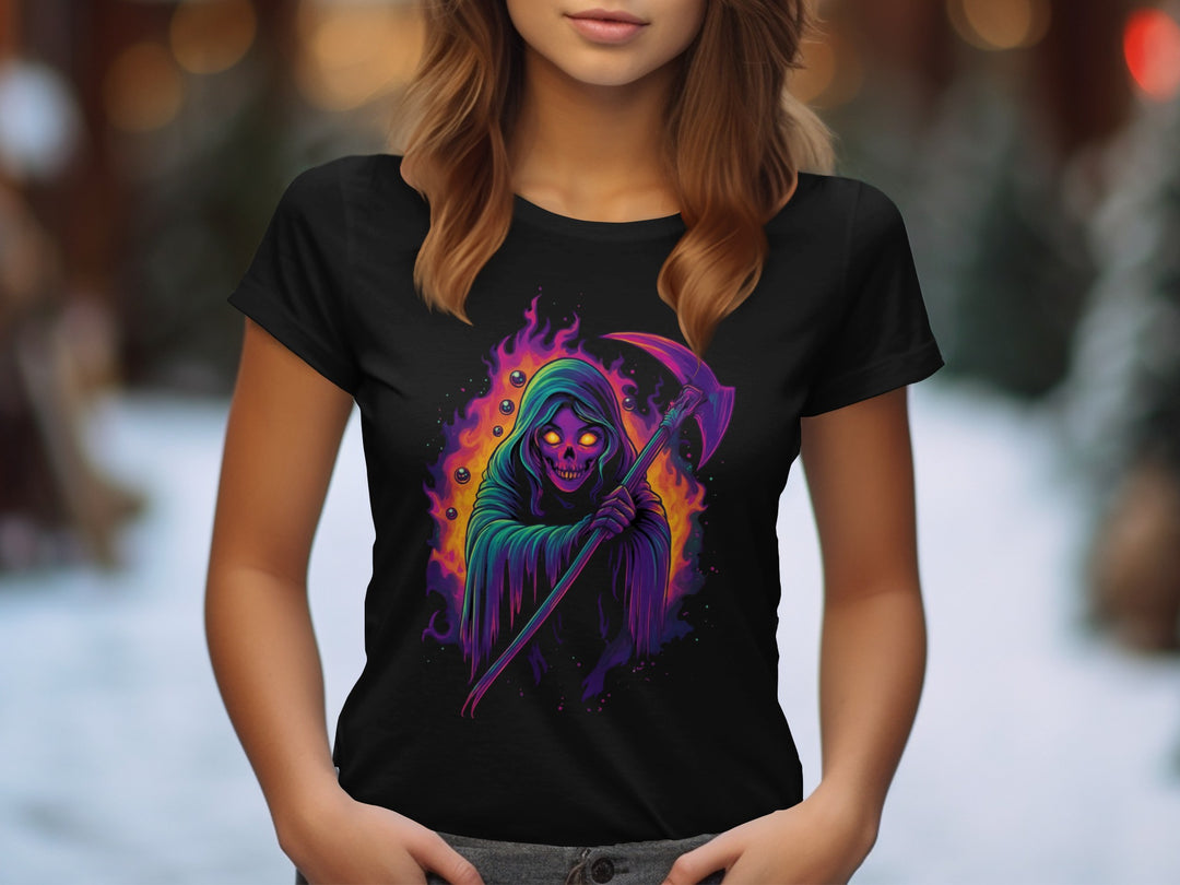 Halloween T-Shirt for Women with neon glow reaper and purple scythe graphic