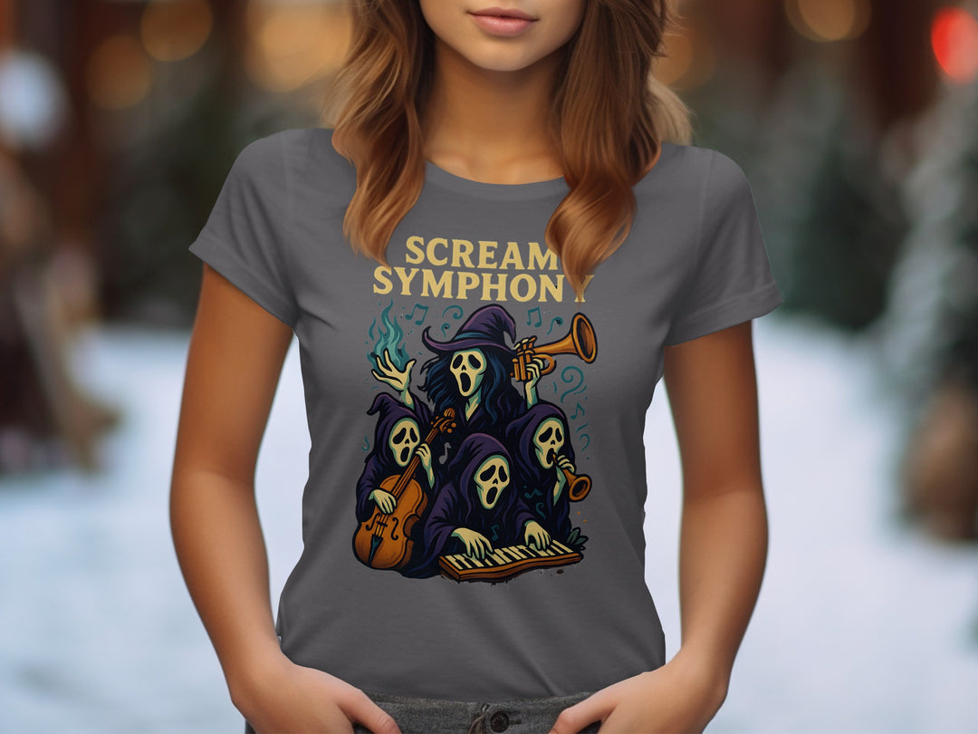 Halloween T-Shirt for Women with Scream Symphony ghost orchestra graphic
