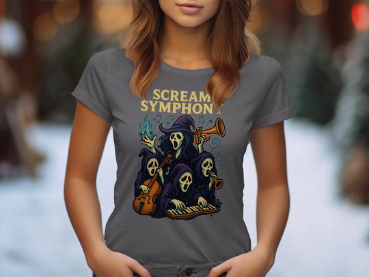 Halloween T-Shirt for Women with Scream Symphony ghost orchestra graphic