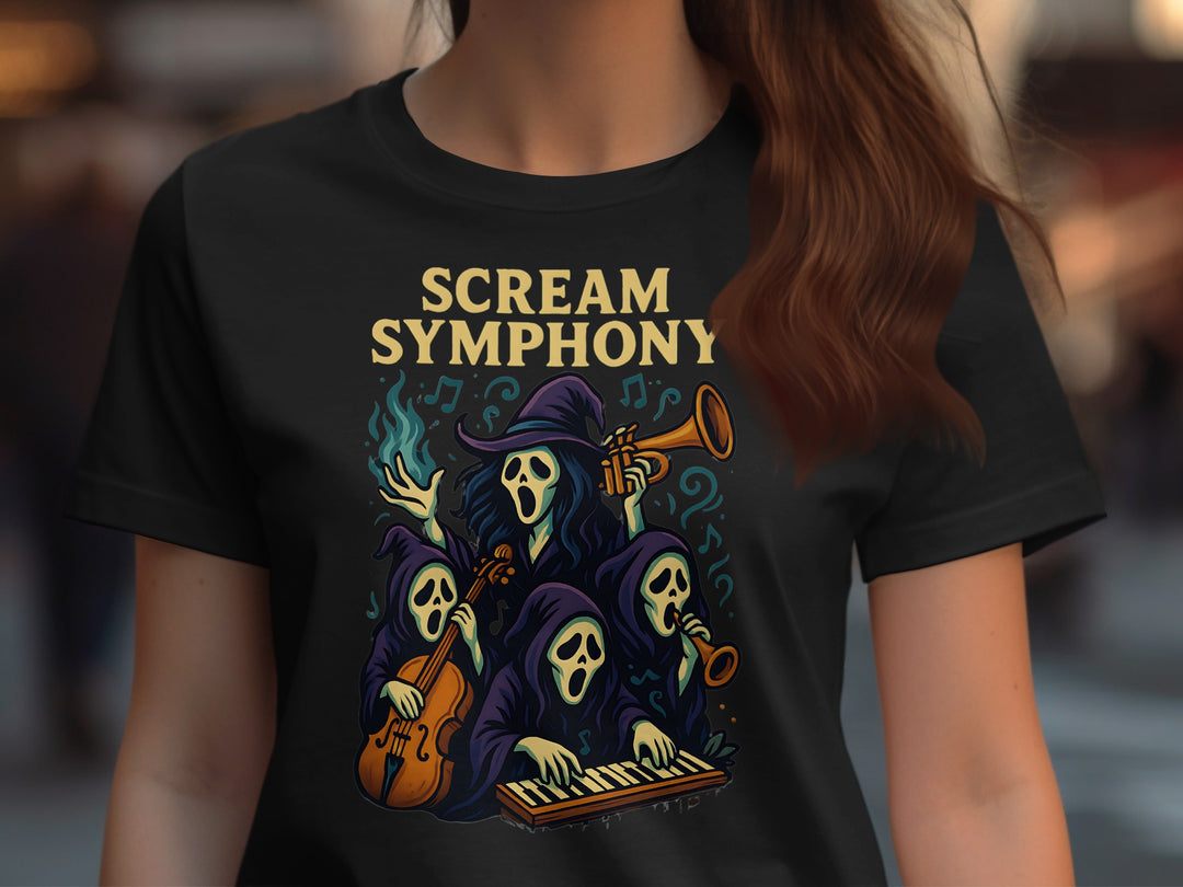 Halloween T-Shirt for Women with Scream Symphony ghost orchestra graphic