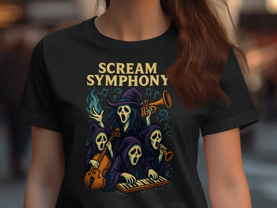Halloween T-Shirt for Women with Scream Symphony ghost orchestra graphic