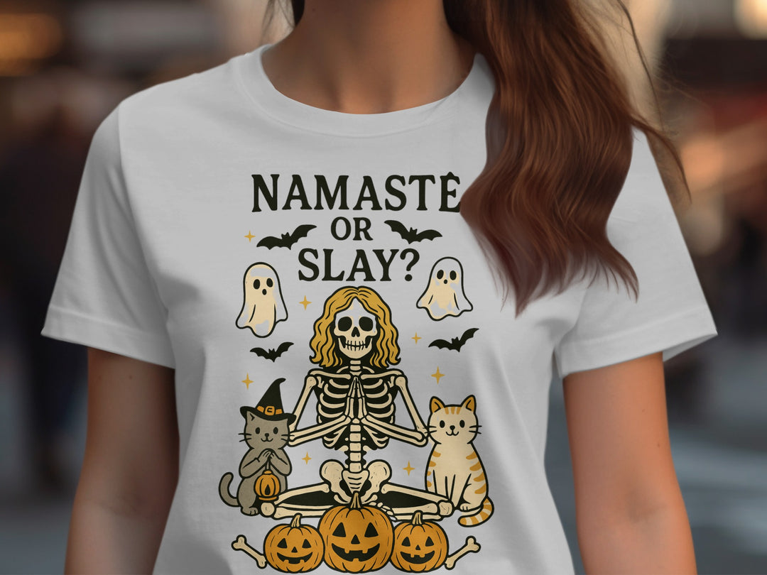 Women’s Halloween T-Shirt with Namaste or Slay skeleton yoga, cats and pumpkins