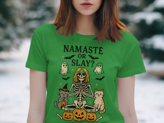 Women’s Halloween T-Shirt with Namaste or Slay skeleton yoga, cats and pumpkins