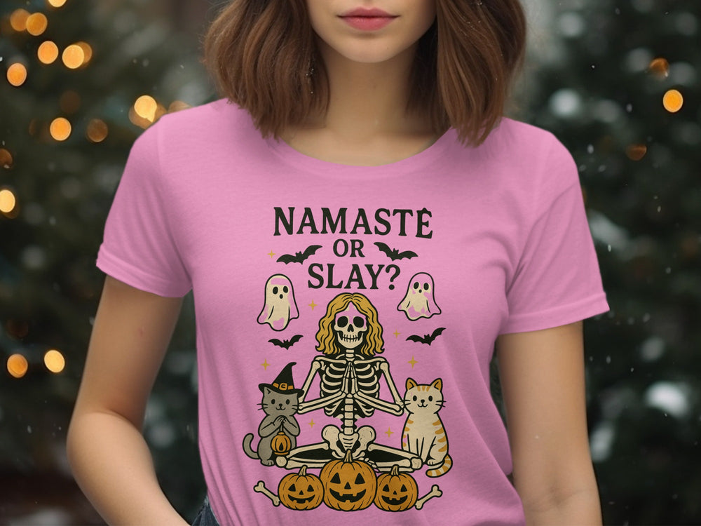 Women’s Halloween T-Shirt with Namaste or Slay skeleton yoga, cats and pumpkins