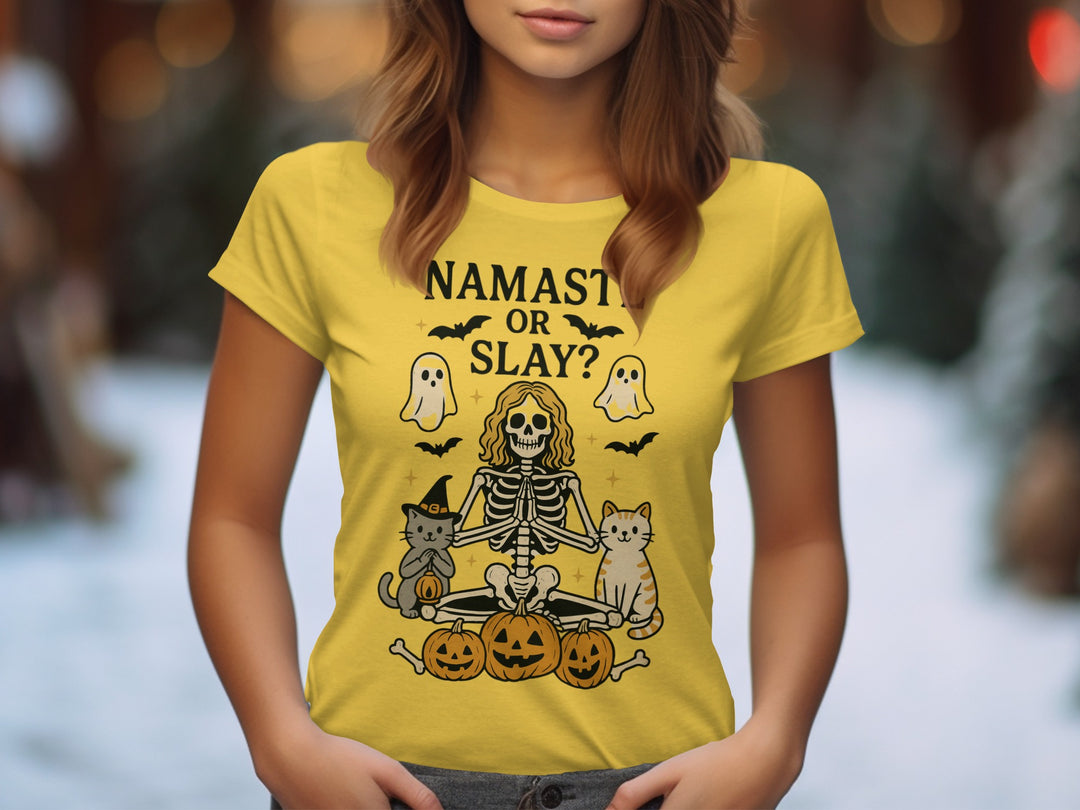 Women’s Halloween T-Shirt with Namaste or Slay skeleton yoga, cats and pumpkins