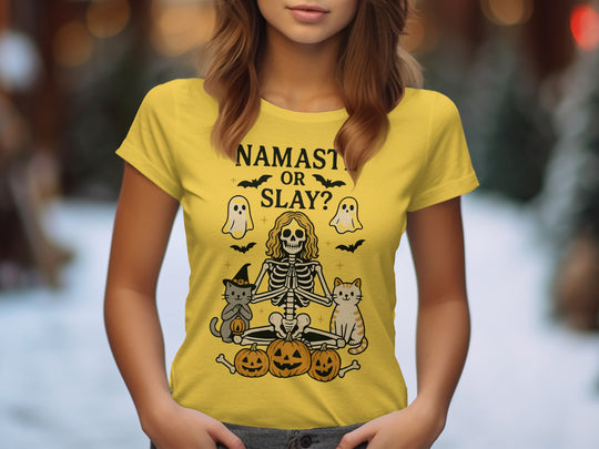 Women’s Halloween T-Shirt with Namaste or Slay skeleton yoga, cats and pumpkins