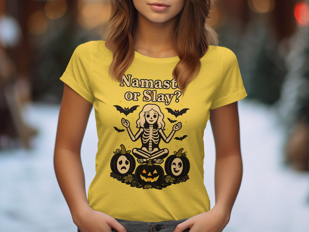 Women’s Halloween T-Shirt with “Namaste or Slay?” yoga skeleton and pumpkins