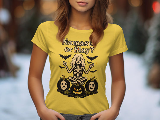 Women’s Halloween T-Shirt with “Namaste or Slay?” yoga skeleton and pumpkins