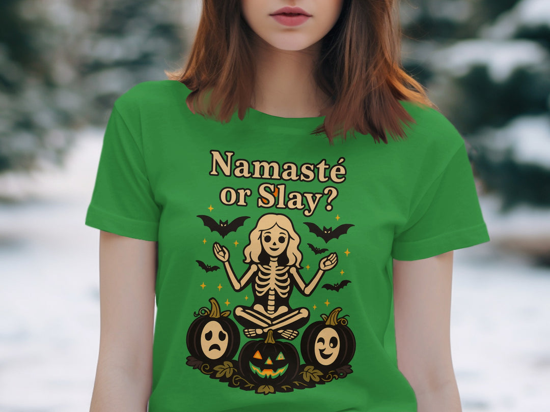 Women’s Halloween T-Shirt with “Namaste or Slay?” yoga skeleton and pumpkins