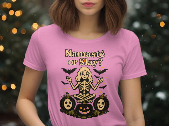 Women’s Halloween T-Shirt with “Namaste or Slay?” yoga skeleton and pumpkins