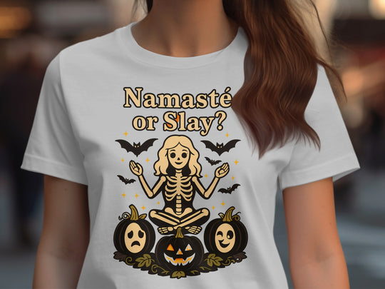 Women’s Halloween T-Shirt with “Namaste or Slay?” yoga skeleton and pumpkins
